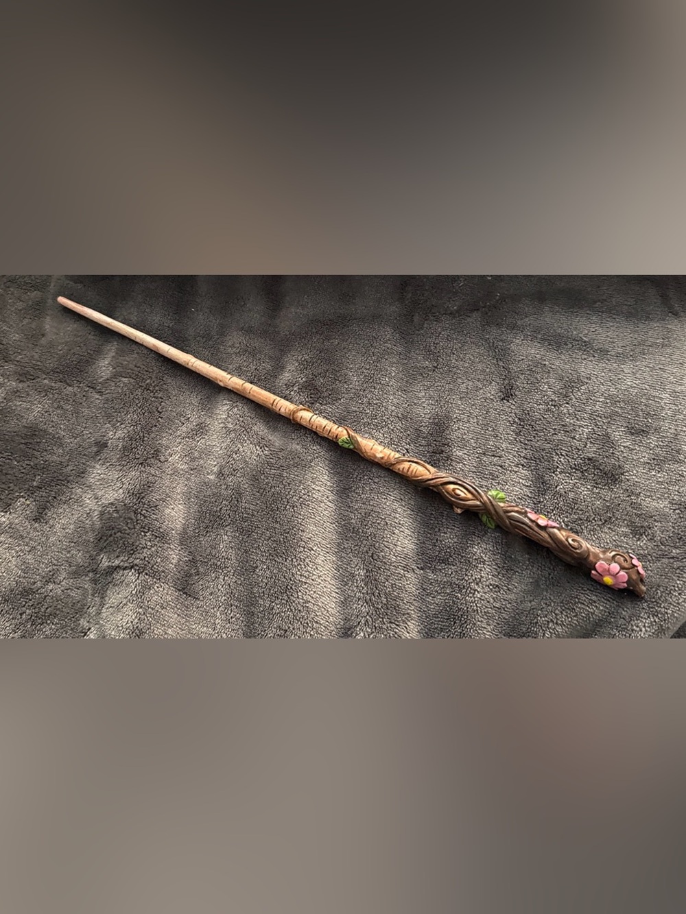 Handcrafted Wood look Wand with Leaf Detail - Natural Brown